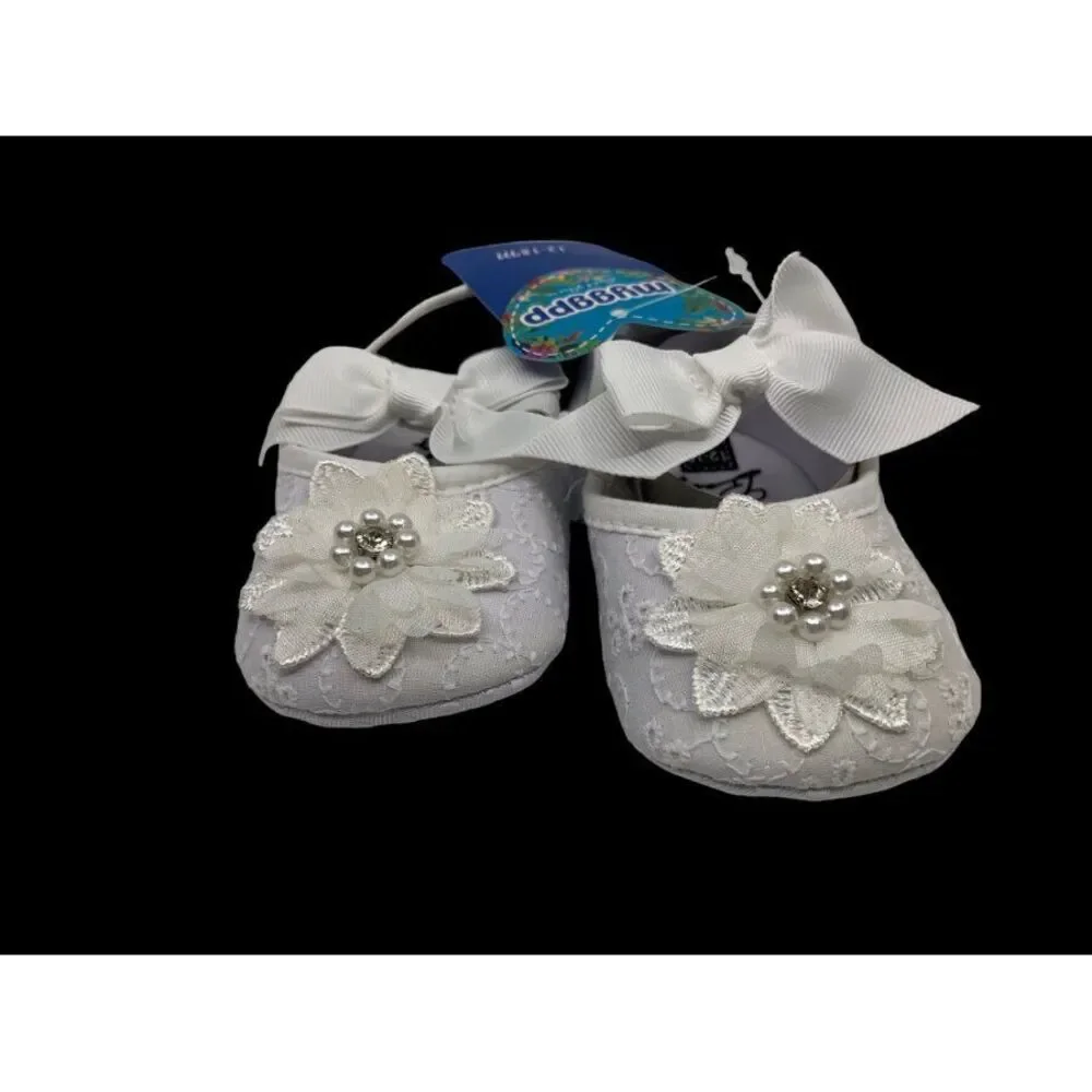 Myggpp Baby Girls Mary Jane Bowknot Eyelet‎ Floral Princess Soft Shoes 12-18 Mth